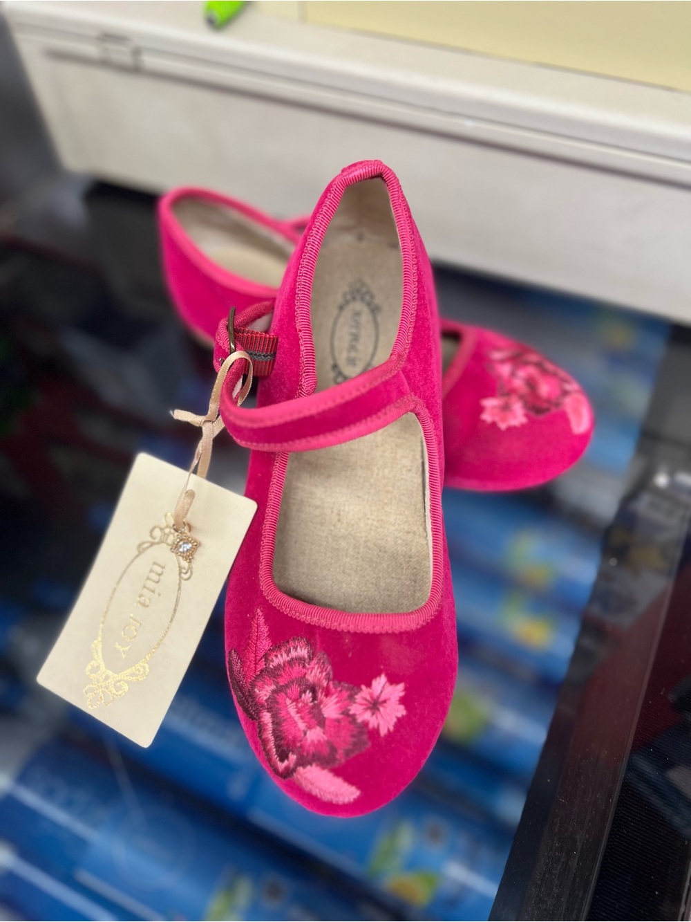 Joyfolie Hot Pink Velvet Mary Jane Shoes with Floral Embroidery